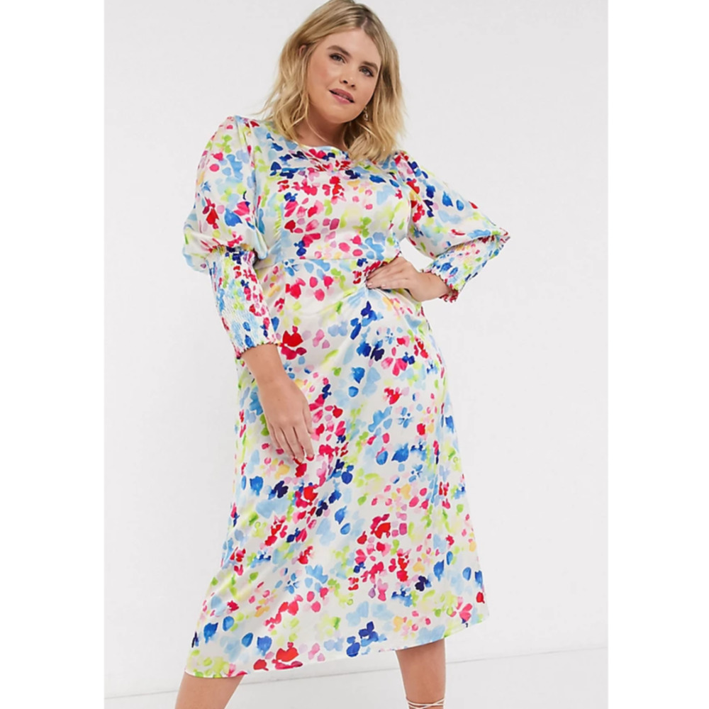 Never Fully Dressed | Colorful Contrast Neon Fleck Long Puff Sleeve Midi Dress